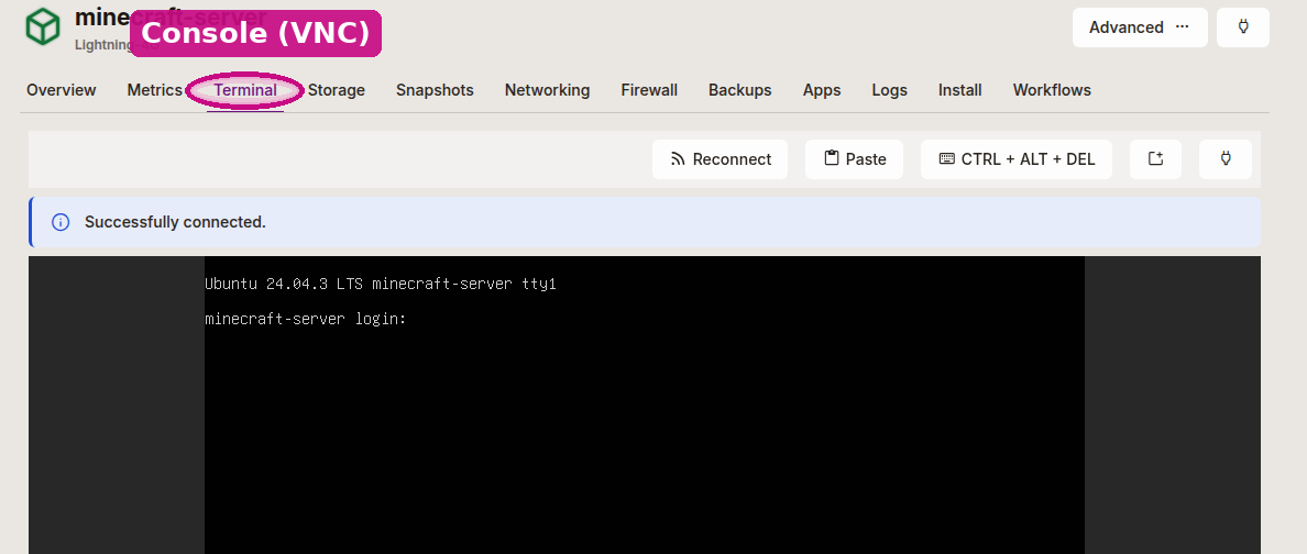 The Terminal (VNC console) tab of an instance in the GalaxyGate panel, showing a live login prompt on the machine's own screen